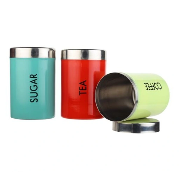 3 Pcs Multicolor Airtight Stainless Steel Tea Coffee Sugar Canister Set 600ml - 600ml, Multicolor, Stainless Steel, Airtight, Set of 3